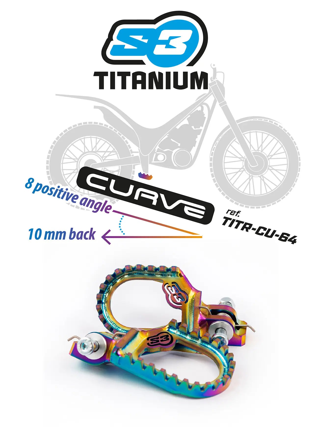 S3 TITANIUM TRIAL ‘CURVE’ FOOTPEGS – 10mm BACK + 8 Degree Angle