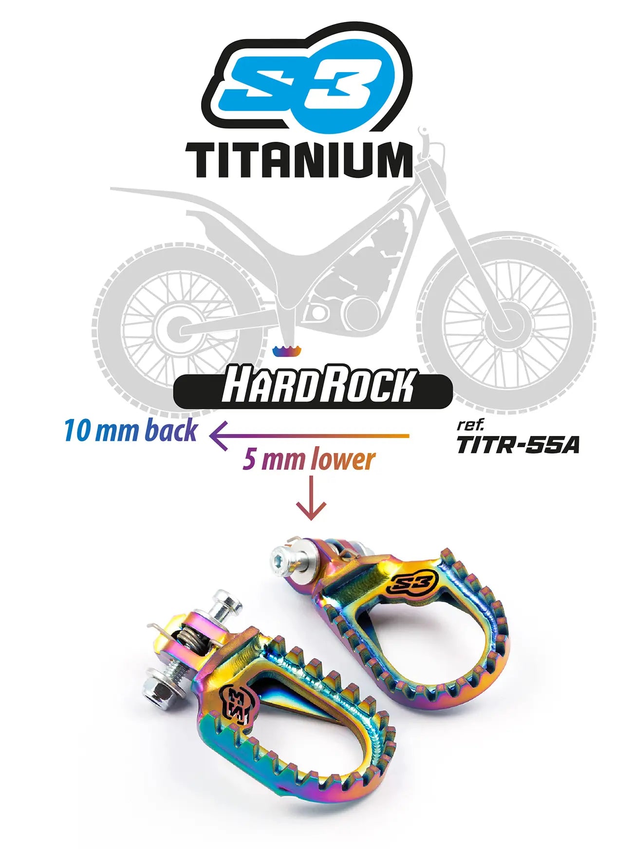 S3 TITANIUM TRIAL ‘HARDROCK’ FOOTPEGS – 10mm BACK + 5mm LOW (FLAT)